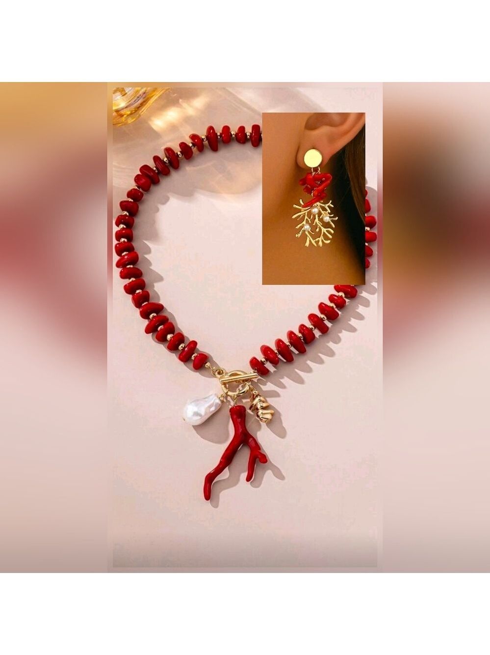 Red Necklace with Gold Accents Set